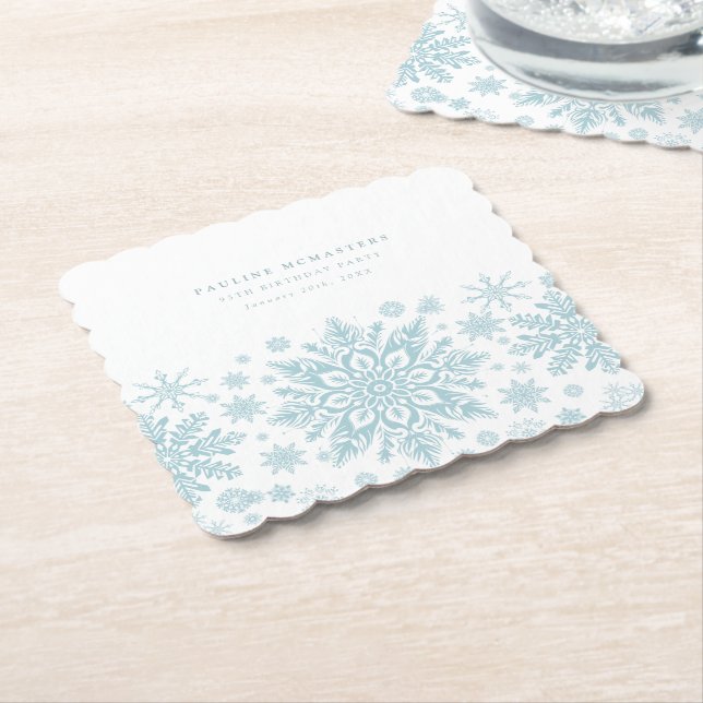 95th Birthday Party Blue White Snowflake Custom Paper Coaster (Angled)