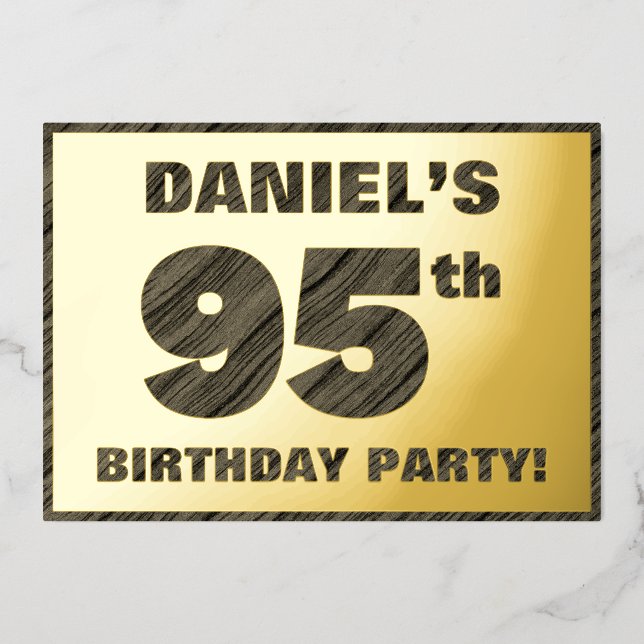 95th Birthday Party — Bold, Faux Wood Grain Text (Front)