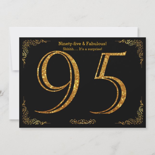 95th Birthday party,Gatsby styl,black gold glitter Invitation (Front)