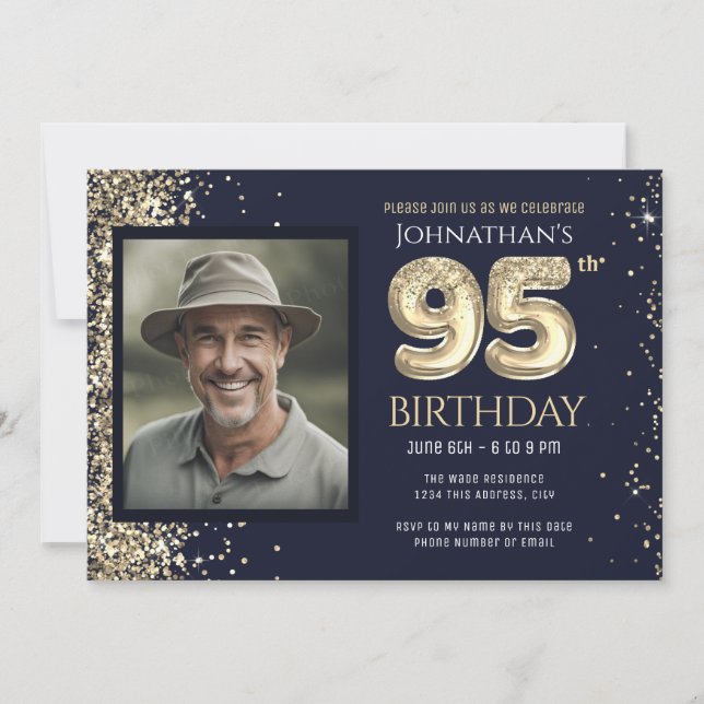 95th Birthday Party Gold Glitter Blue Photo Invitation (Front)