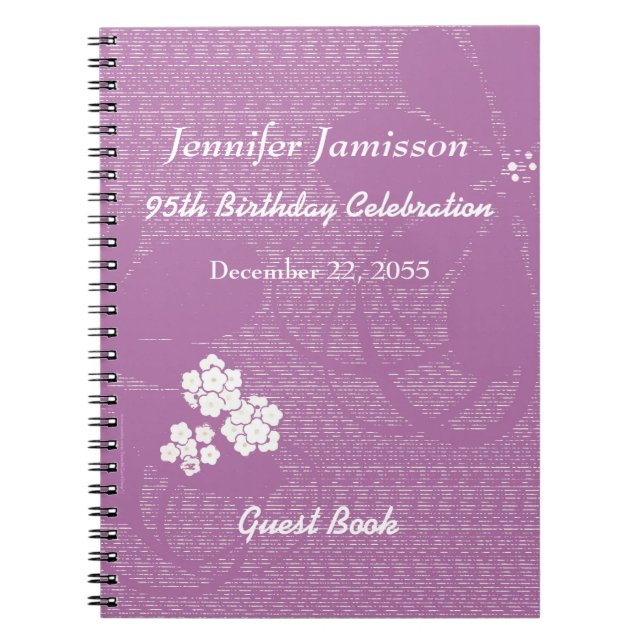 95th Birthday Party Guest Book Purple White Floral (Front)