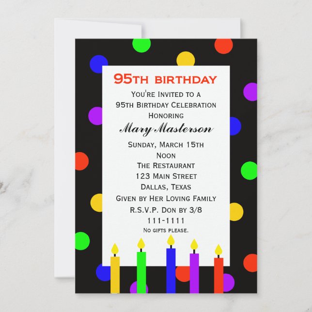 95th Birthday Party Invitation Candles and Dots (Front)