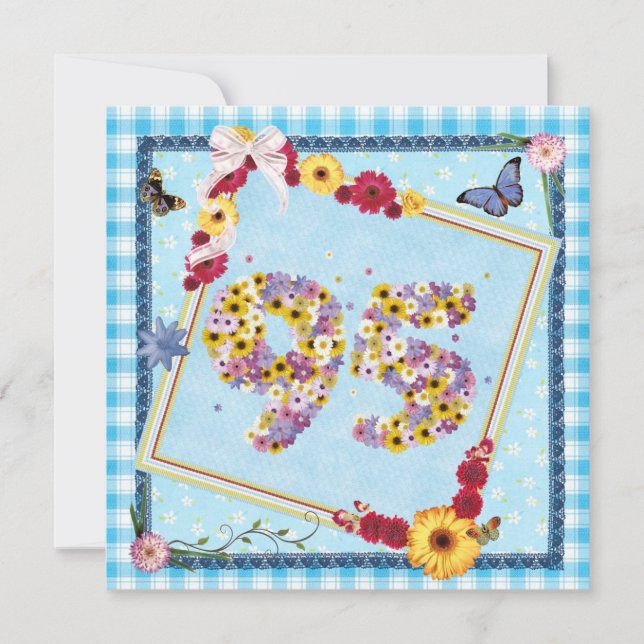 95th Birthday party Invitation flowers,butterflies (Front)