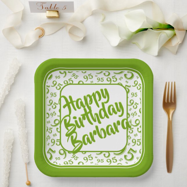 95th Birthday Party Number Pattern Green White Paper Plate (Wedding)