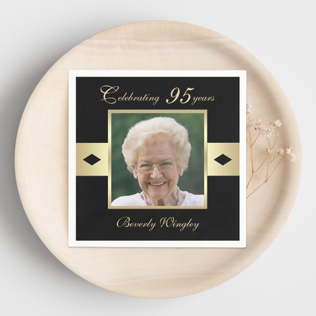 95th Birthday Party Photo on Black Paper Napkin (Creator Uploaded)