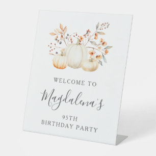 95th Birthday Party Pumpkin Fall Leaves Welcome Pedestal Sign