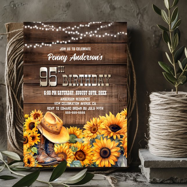 95th Birthday Party Rustic Wood Sunflower Invitation (Creator Uploaded)