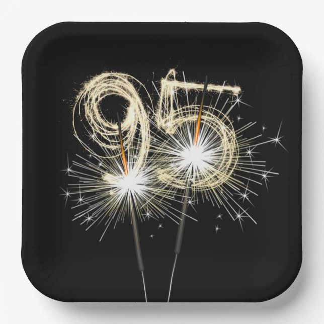 95th Birthday Party Sparklers on Black  Paper Plate (Front)