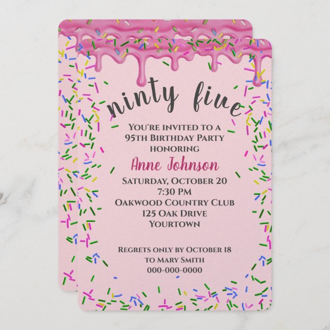 95th Birthday Pink Icing And Sprinkles Invitation (Front/Back)