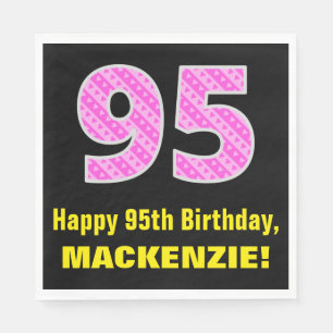 95th Birthday: Pink Stripes and Hearts "95" + Name Napkin
