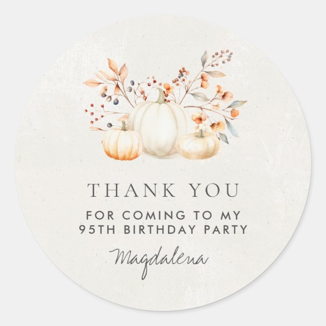 95th Birthday Pumpkin Thank You Favour Classic Round Sticker (Front)