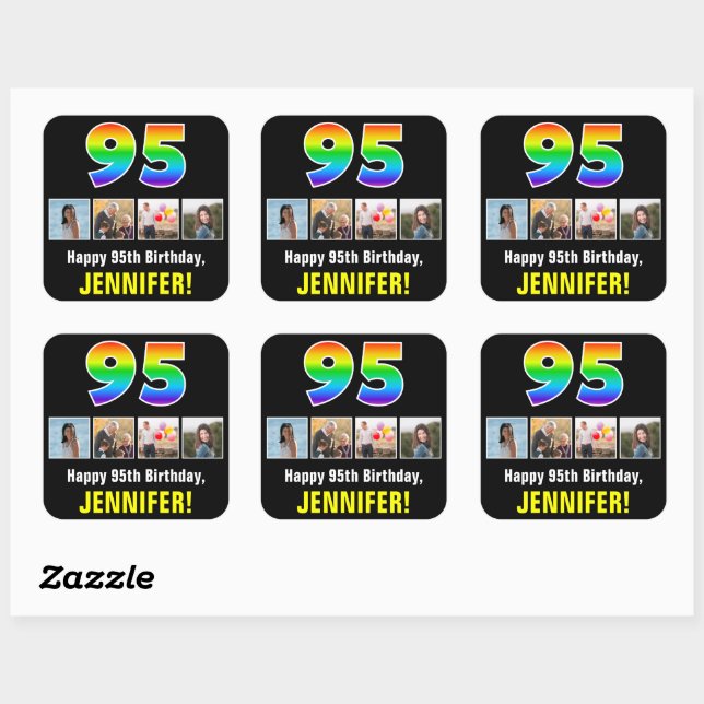 95th Birthday: Rainbow “95”; Custom Photos & Name Square Sticker (Sheet)