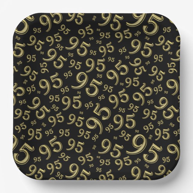 95th Birthday Random Number Pattern Black/Gold Paper Plate (Front)