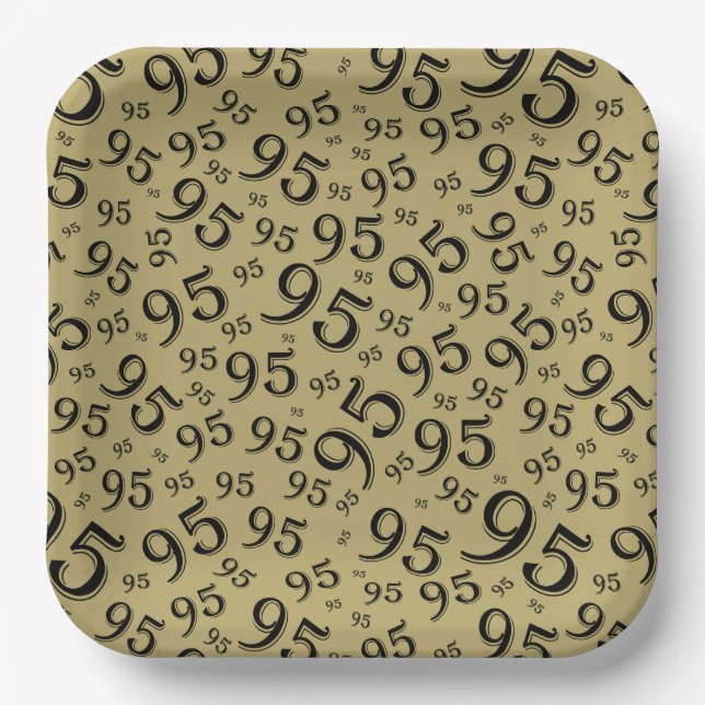 95th Birthday Random Number Pattern Black/Gold Paper Plate (Front)