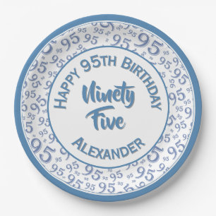 95th Birthday Random Number Pattern Blue/White Paper Plate