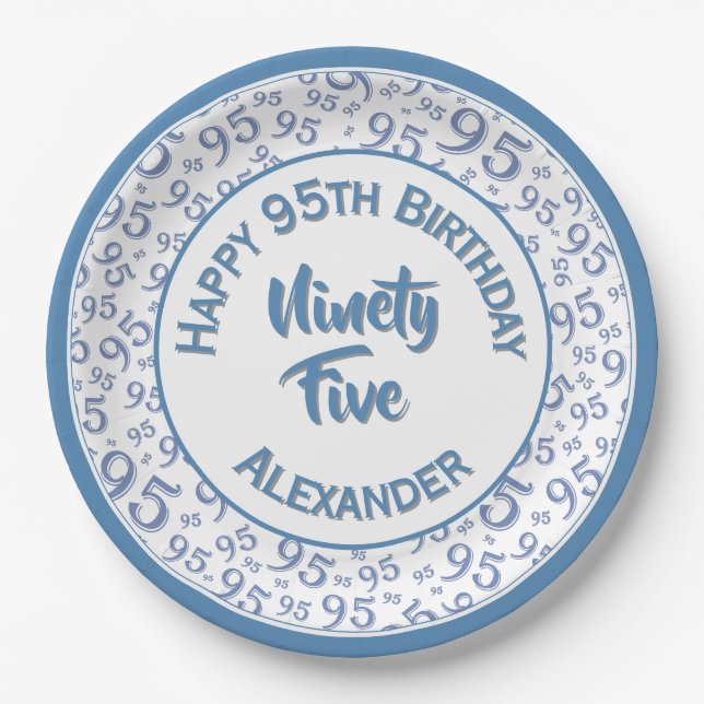 95th Birthday Random Number Pattern Blue/White Paper Plate (Front)