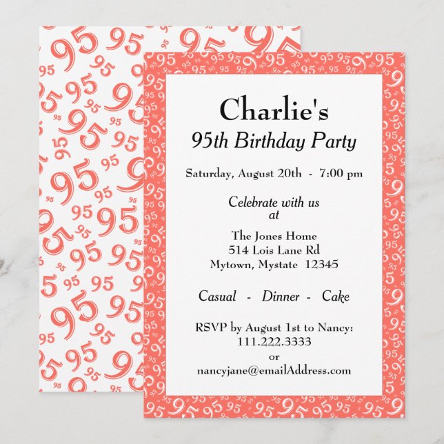 95th Birthday Random Number Pattern Coral/White Invitation (Front/Back)