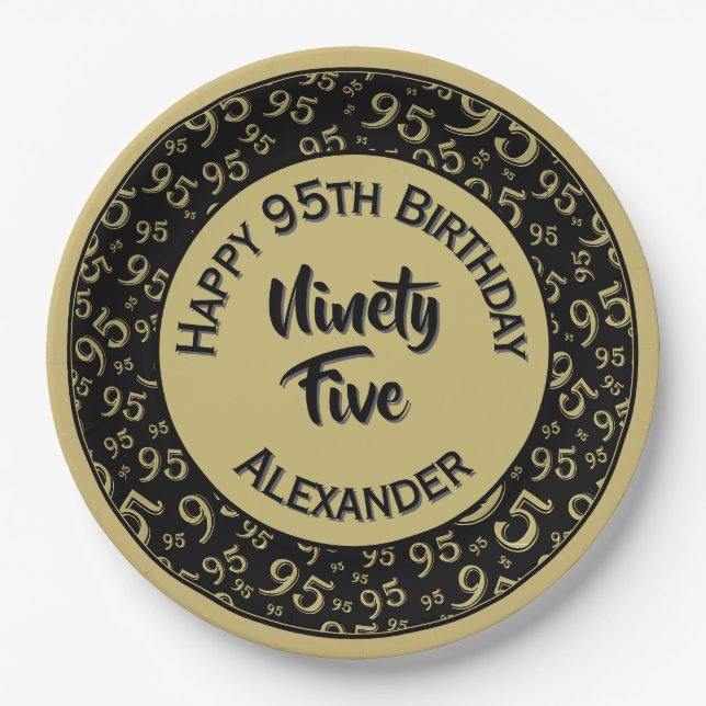 95th Birthday Random Number Pattern Gold/Black Paper Plate (Front)