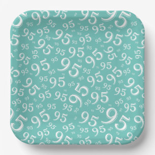 95th Birthday Random Number Pattern Teal/White Paper Plate