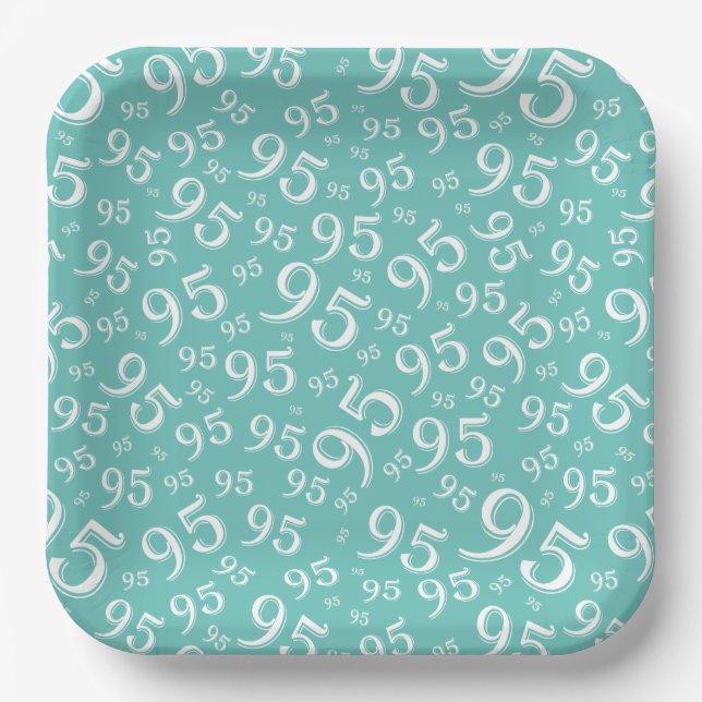 95th Birthday Random Number Pattern Teal/White Paper Plate (Front)