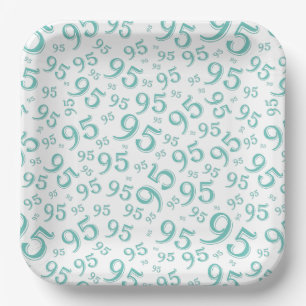 95th Birthday Random Number Pattern Teal/White Paper Plate