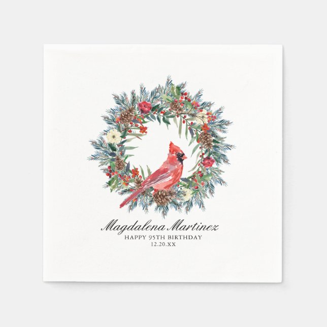 95th Birthday Red Cardinal Wreath Custom Cocktail Napkin (Front)