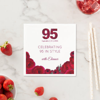 95th Birthday Red Floral Number 95 Elegant Paper Napkin