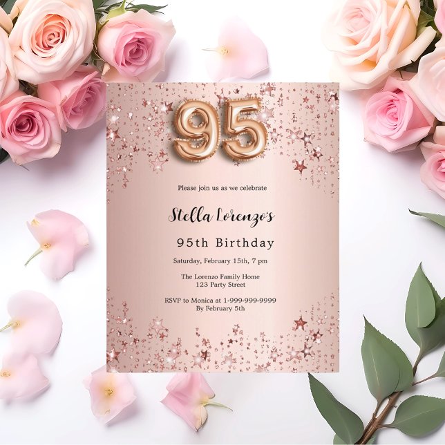 95th birthday rose gold pink stars invitation (Creator Uploaded)
