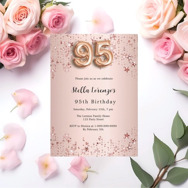 95th birthday rose gold pink stars luxury invitation (Creator Uploaded)