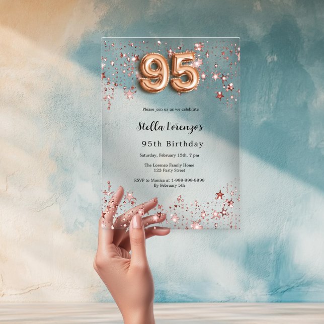 95th birthday rose gold stars clear acrylic invitations (Creator Uploaded)