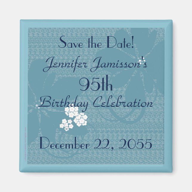 95th Birthday Save the Date Blue Floral Magnet (Front)