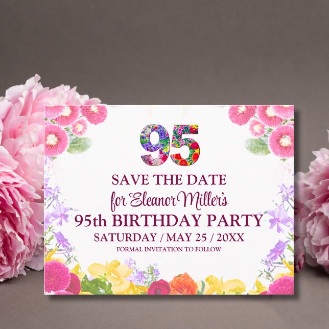 95th Birthday Save the Date, Blush Bloom Floral 95 Announcement Postcard (Creator Uploaded)