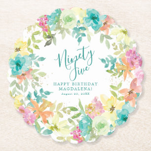 95th Birthday Summer Watercolor Floral Custom Paper Coaster