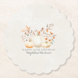95th Birthday White Pumpkin Fall Leaves Custom Paper Coaster