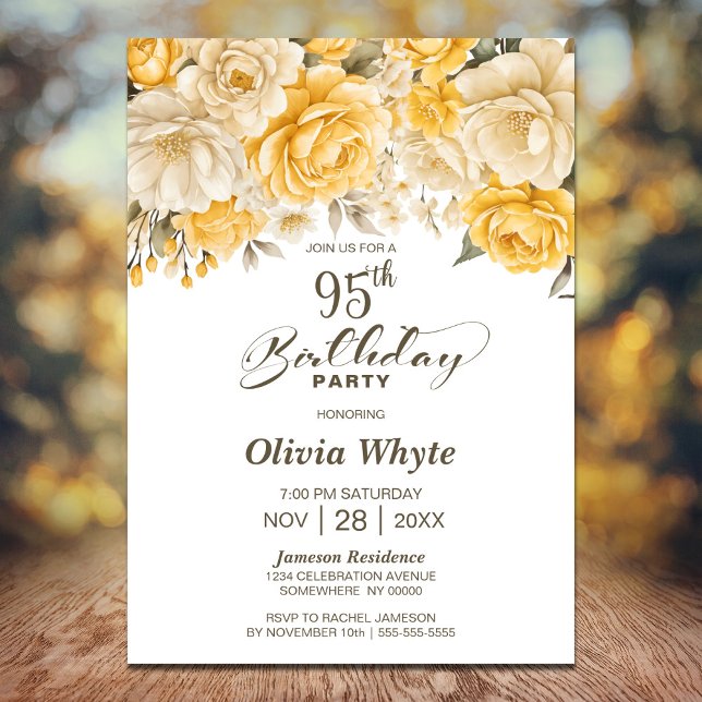 95th Birthday Yellow Rose Floral Party Invitation (Creator Uploaded)