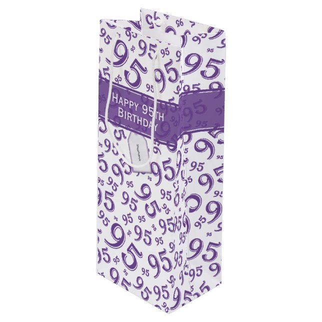 95th Happy Birthday Purple Random Number Pattern  Wine Gift Bag (Front Angled)