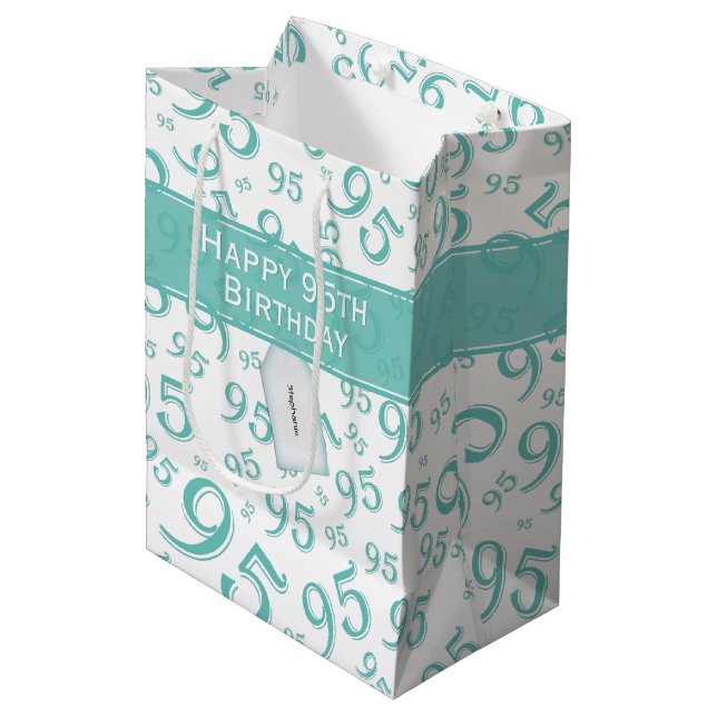 95th Happy Birthday Teal Random Number Pattern 95 Medium Gift Bag (Front Angled)