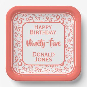 95th Party Random Number Pattern Coral/White Paper Plate