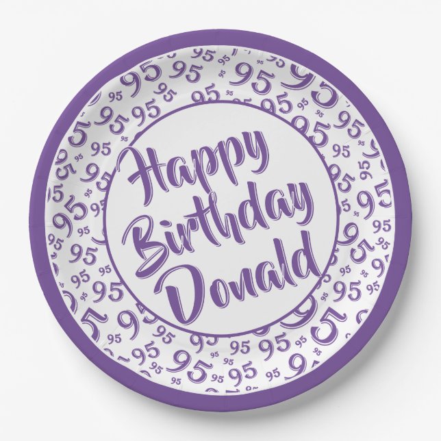 95th Party Random Number Pattern Purple/White Paper Plate (Front)