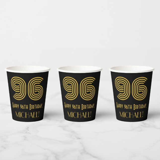 96th Birthday: Art Deco Inspired Look “96” & Name Paper Cups (Multi)