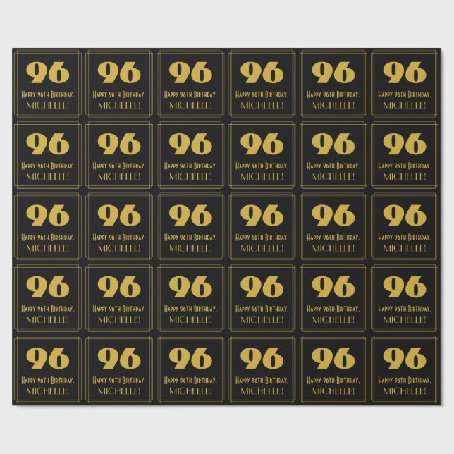96th Birthday – Art Deco Inspired Look "96" & Name Wrapping Paper (Flat)