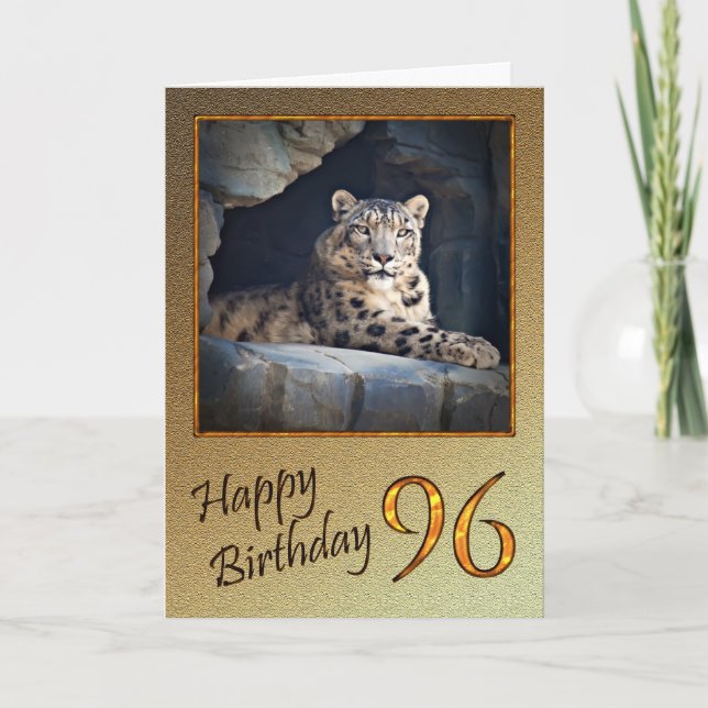 96th Birthday Card with a snow leopard (Front)