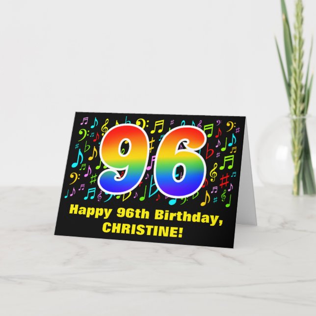 96th Birthday: Colorful Music Symbols & Rainbow 96 Card (Front)