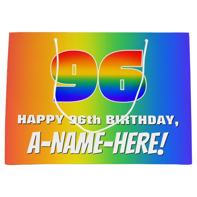 96th Birthday: Colourful, Fun Rainbow Pattern # 96 Large Gift Bag (Front)