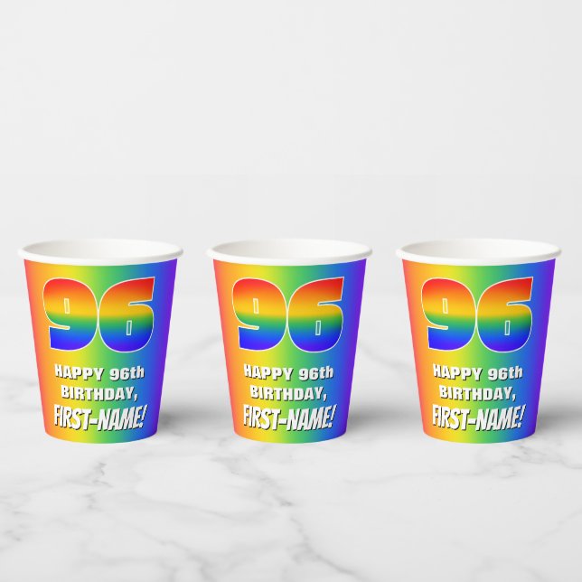 96th Birthday: Colourful, Fun Rainbow Pattern # 96 Paper Cups (Multi)