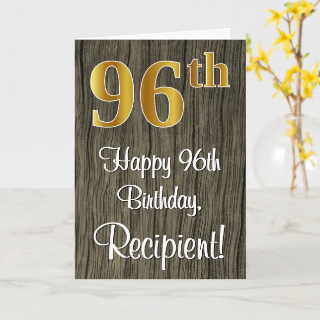 96th Birthday: Elegant Faux Gold Look #, Faux Wood Card (Yellow Flower)