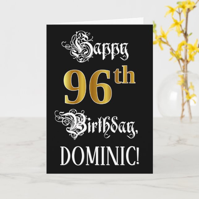 96th Birthday — Fancy Script; Faux Gold Look; Name Card (Yellow Flower)