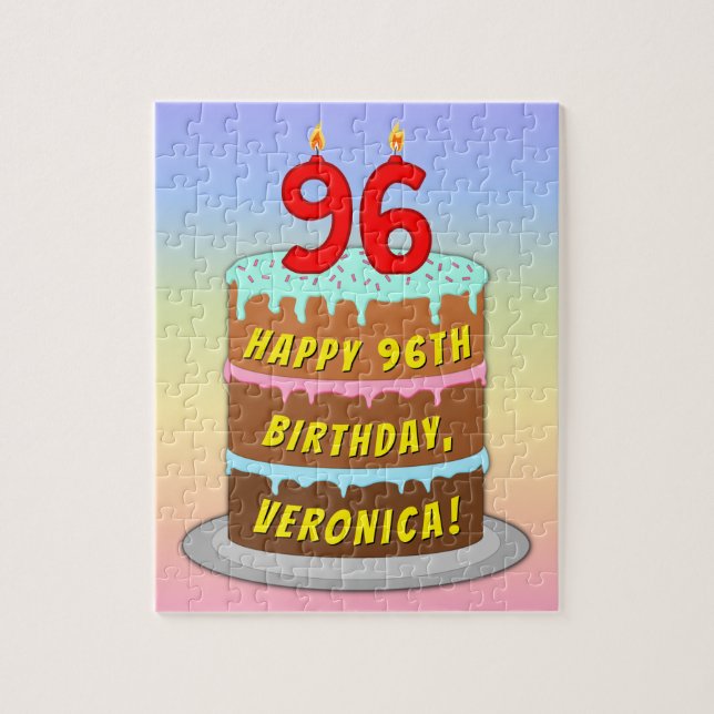 96th Birthday: Fun Cake and Candles + Custom Name Jigsaw Puzzle (Vertical)