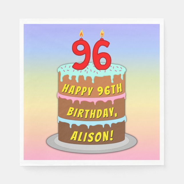96th Birthday: Fun Cake and Candles + Custom Name Napkin (Front)