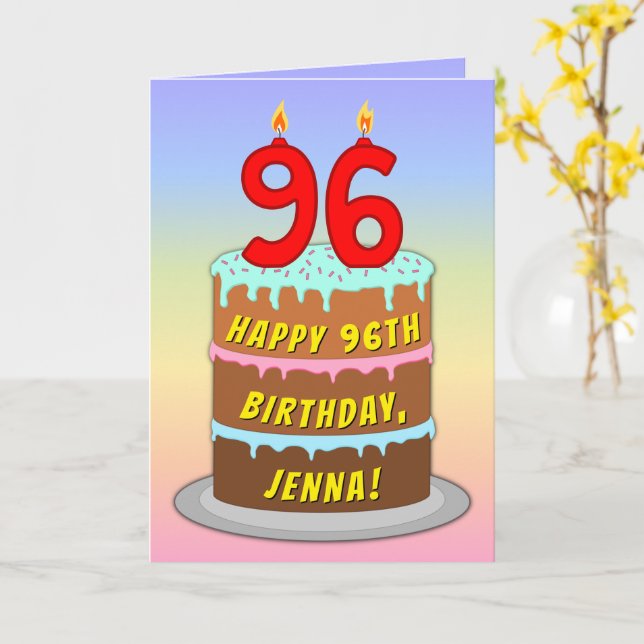 96th Birthday — Fun Cake & Candles, w/ Custom Name Card (Yellow Flower)